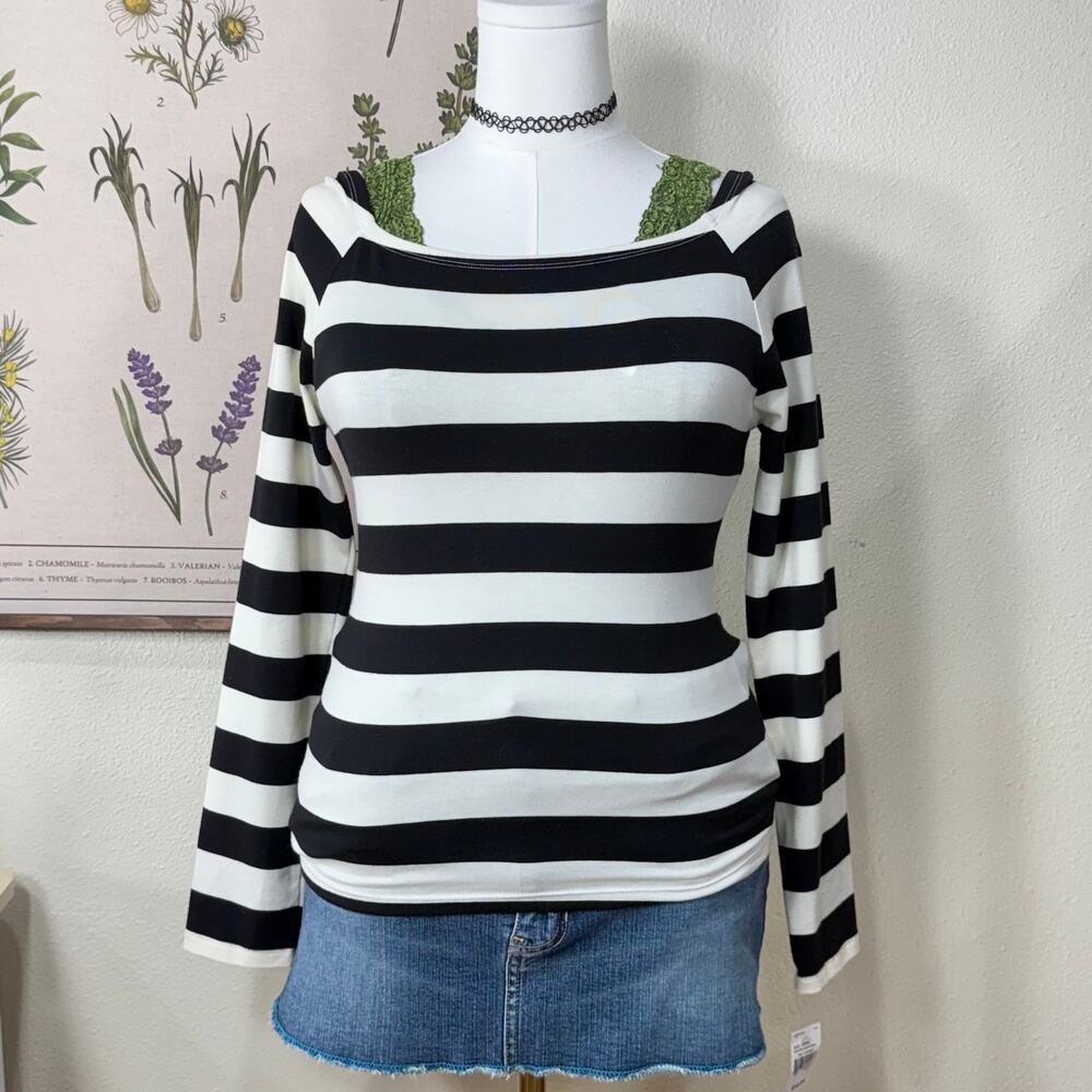 Vintage 90s Y2k Black Cream Striped Long Sleeve Top NWT Indie Sleaze Emo L